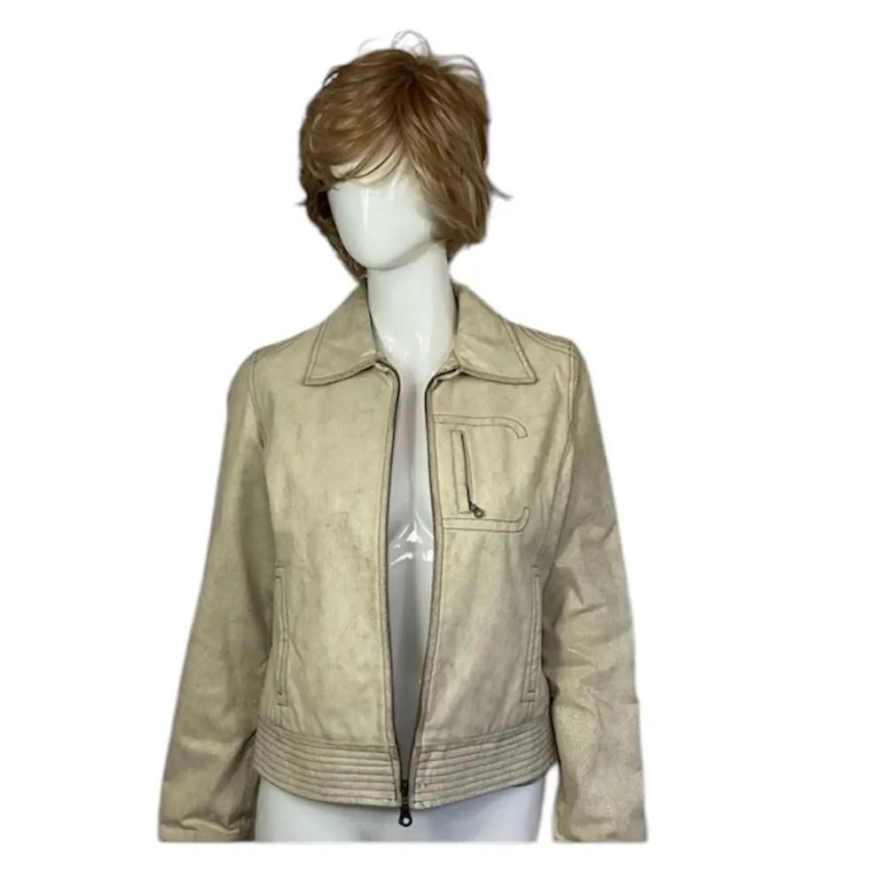 Castro Vintage Women's Cream 100% Leather Front Zip Moto Jacket Size S